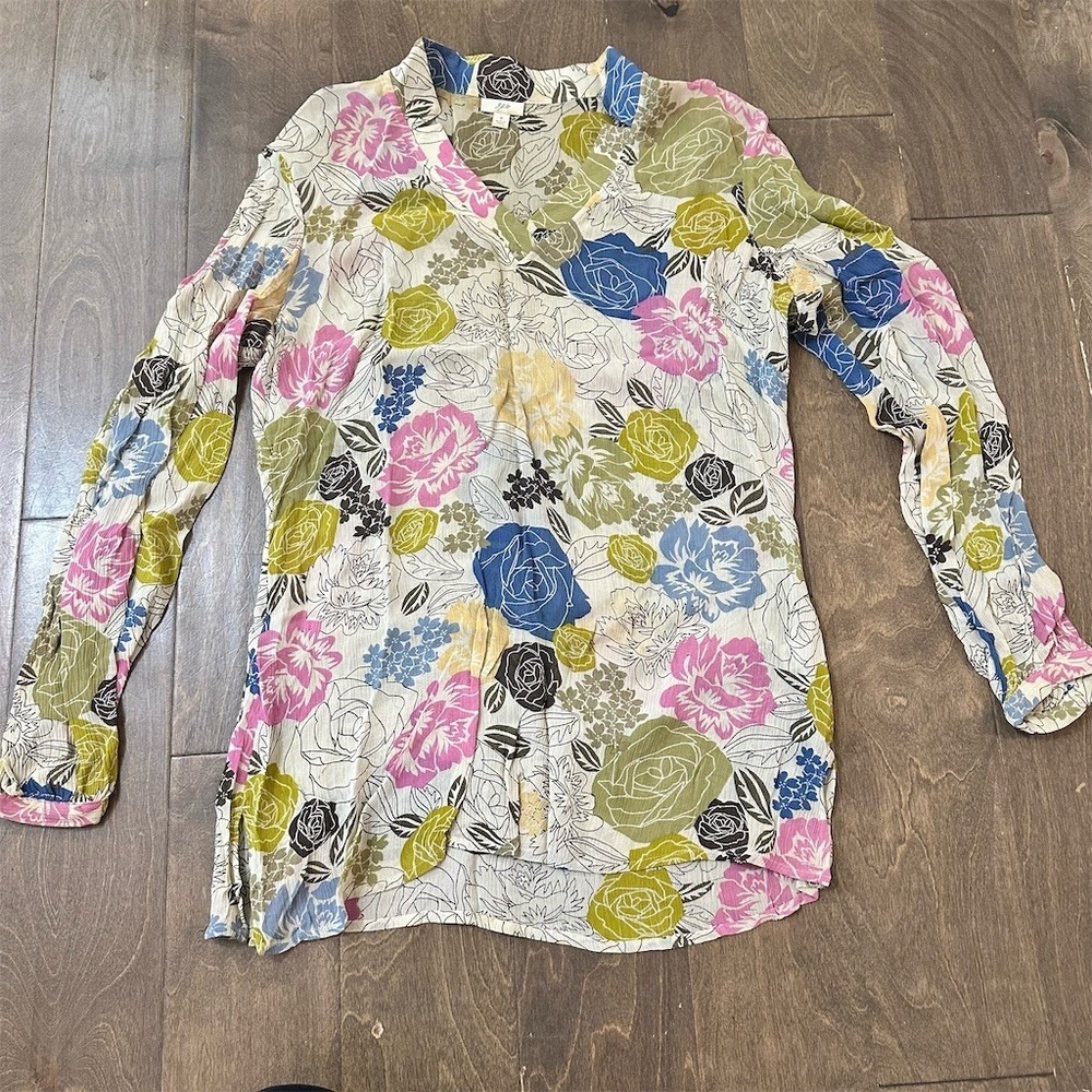 J. Jill Blouse Womens Size S Ivory Floral Tunic Long Sleeve Split Neck